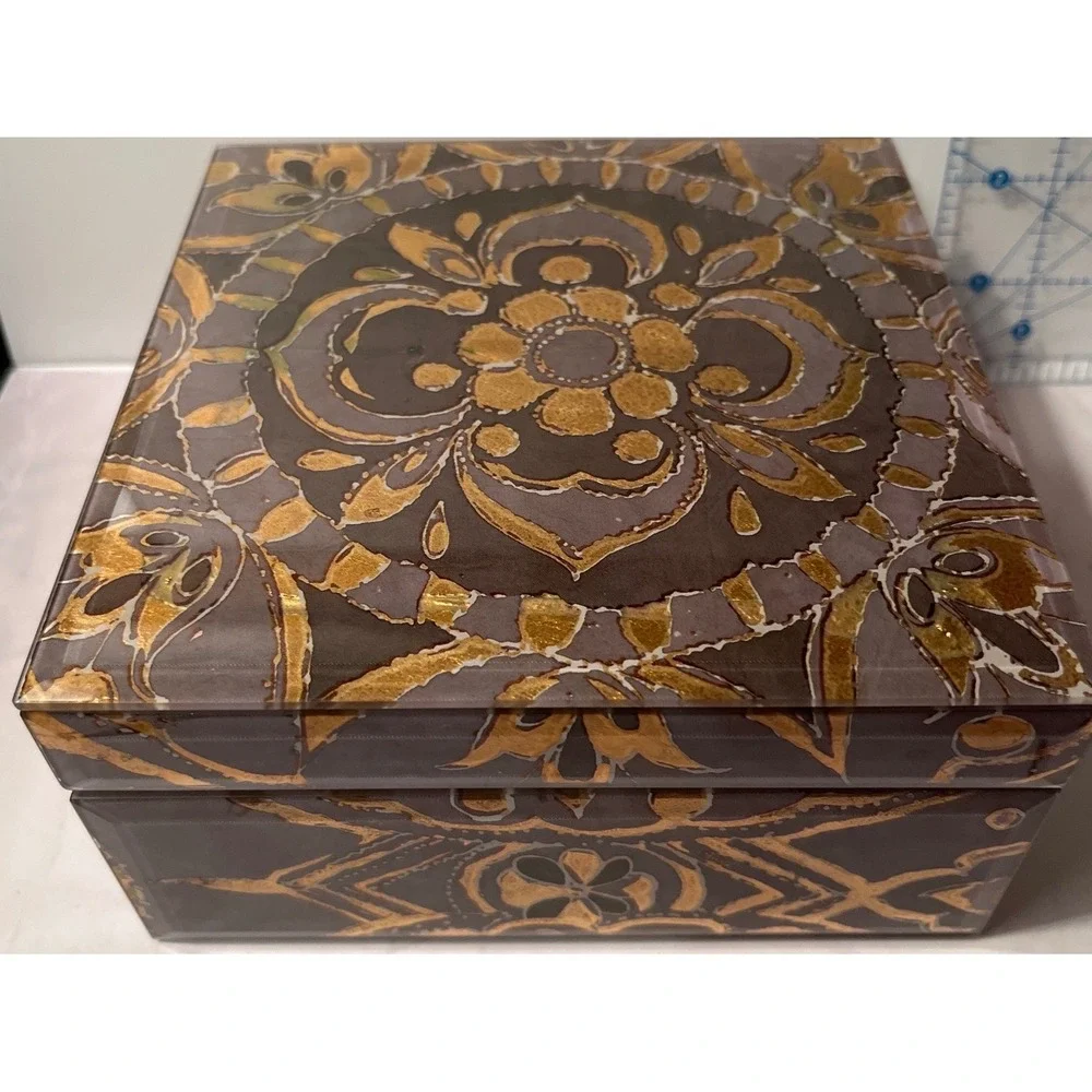Pottery Barn Gold Grey Deco Box Small Square Jewelry Keepsake Box 5.75in